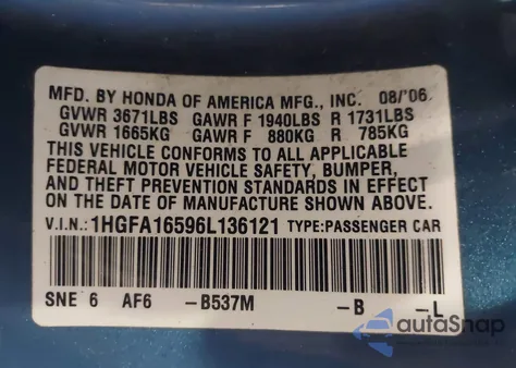 2006 Honda Civic Lx z USA, uszkodzony, nr VIN 1HGFA16596L136121